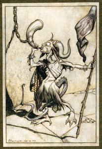 Prima che il corno alla Porta della Torre del Barbican fosse suonato con una potenza di venti trombettieri, da Le leggende di Ingoldsby, pub. 1907 da Arthur Rackham
